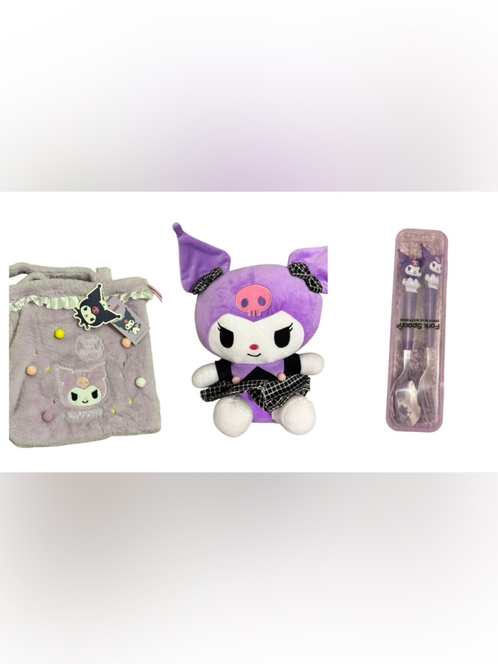 3 PC SET Sanrio Kuromi Stuffy Plushie purse Shouldrer Bag Fork Spoon set